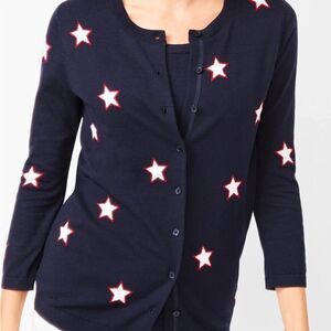 TALBOTS Charming Star Print Cardigan Women's Medium Petite 3/4 Sleeve Blue Red